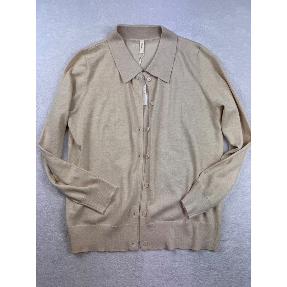 Evaless Womens Beige Collared Button Down Cardigan Sweater Size L Wool Blend